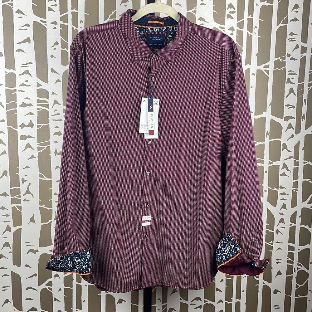 Cactus Man Ricky Singh Plum Navy Polka Dot Poplin Floral Cuff Shirt XL/44